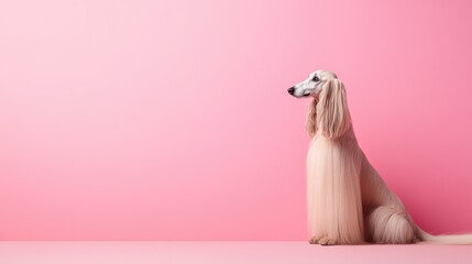 Three-quarter view of an elegant Afghan Hound standing confidently against a muted pink background, its luxurious coat gently swaying in the breeze. Poised and beautiful dog.