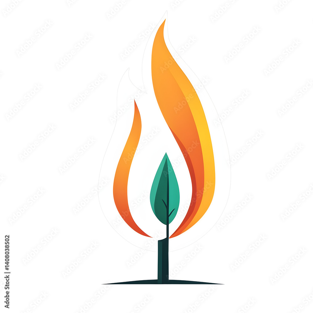 Poster modern design icon of a flame with a leaf symbolising sustainable energy, isolated on a empty plain 