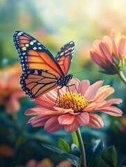 Fototapeta premium Monarch Butterfly on a Pink Zinnia Flower in a Vibrant Garden