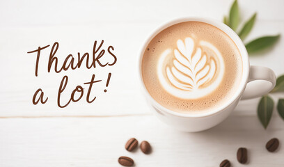 Cappuccino cup on a wooden desk with coffee beans and Thanks a lot text. Perfect background for postcards, social media, business gratitude or promotions.