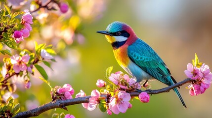 Vibrant Bee-eater Bird Perched on Blossoming Branches