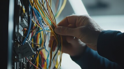 Electrician installing electrical wiring in a commercial building. Featuring expertise and safety