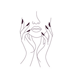 beautiful girl face with beautiful manicure. beauty salon concept in linear endless style. flat vector illustration isolated on white background