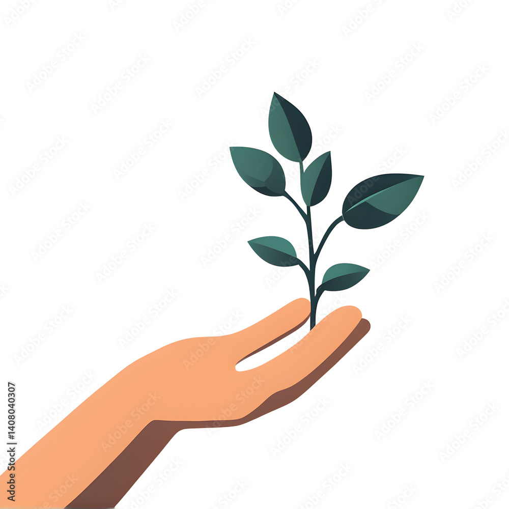 Poster modern design icon of a hand raising plant symbolising nurturing, isolated on a empty plain backgrou