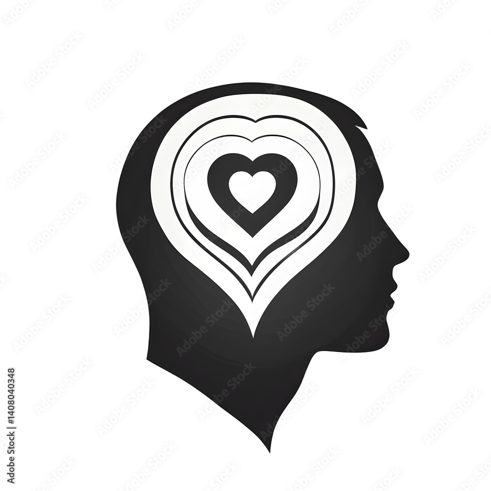 Poster modern design icon of a head silhouette with heart symbolising emotional health, isolated on a empty