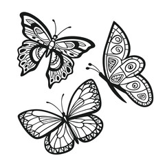Monarch butterfly silhouettes collection, vector illustration isolated on white background.