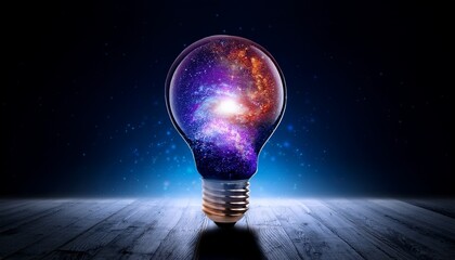 light bulb containing vibrant galaxy illuminating against dark surface concept of innovation and infinite possibilities in technology