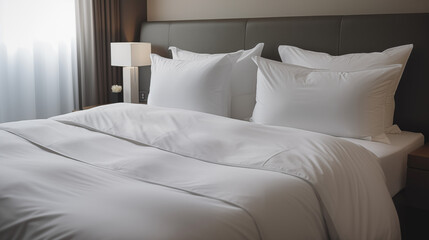 Close up of a made bed with white sheets and pillows in a hotel room
