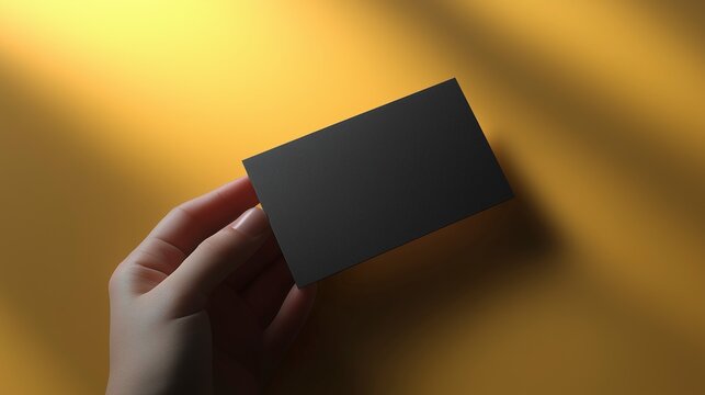 Hand holding a black business card without text on a gold background - space for text on the business card
