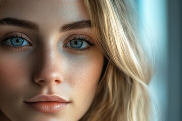 Obraz premium Close-up portrait of a young woman with striking blue eyes and natural light