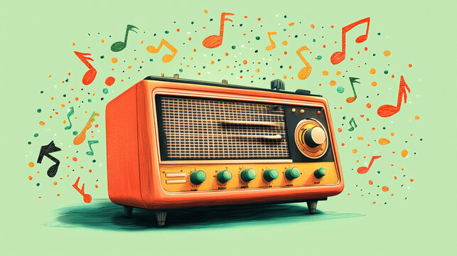 Vintage radio emits cheerful tunes on a bright green background with colorful musical notes surrounding it