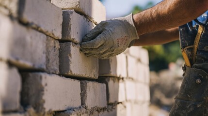Hispanic mason applying mortar between stone blocks for a wall. Featuring masonry and stonework
