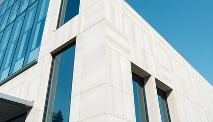large white building with windows and a blue sky in the background