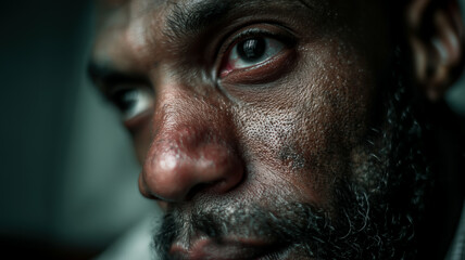 Obraz premium Intense close-up portrait of a man with deep, thoughtful eyes and a weathered face. Captures emotion and texture in dramatic lighting.