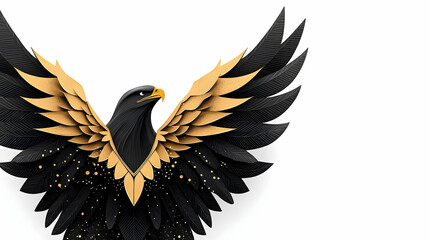 Obraz premium A Majestic Black and Gold Eagle with Spread Wings on White Background Ornate Detailed and Textured