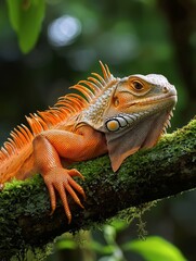 Fototapeta premium Vibrant Orange Iguana on Mossy Branch
