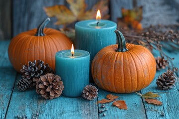 Thanksgiving Autumn Still Life with Pumpkins Candles and Pine Cones on Teal Wooden Background