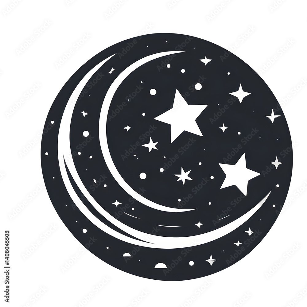Poster modern design icon of a moon and stars symbolising sleep, isolated on a empty plain background
