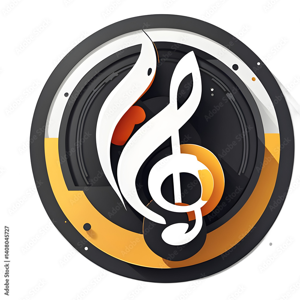 Poster modern design icon of a music note and disk symbolising audio files, isolated on a empty plain backg