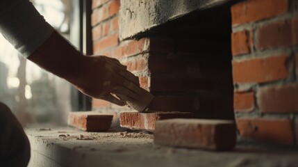 Hispanic mason building a brick fireplace in a living room. Featuring masonry and home design