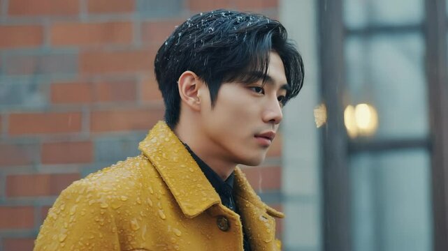 Young adult wearing yellow rain coat standing in rainy weather looking to the side near a brick building