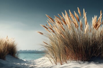 Coastal grass sways gently by the shoreline under a dramatic sky during twilight hours