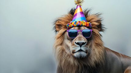 Majestic Lion Wearing A Colorful Party Hat And Sunglasses In A Festive Celebration Portrait