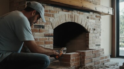 Fototapeta premium Hispanic mason building a brick fireplace in a living room. Featuring masonry and home design