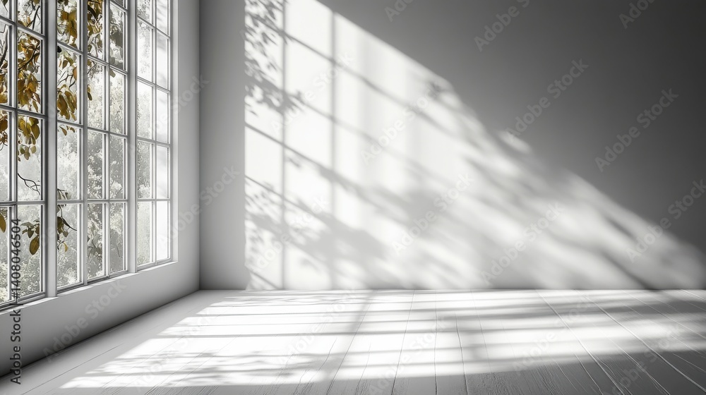 Poster realistic,minimalist blurred natural light windows shadow overlay on wall paper texture abstract background minimal abstract light white background for product presentation