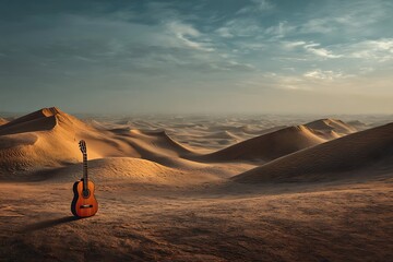 Fototapeta premium A solitary acoustic guitar stands in the vast expanse of a desert, the golden sand dunes stretching endlessly under a sky painted with hues of blue and orange.