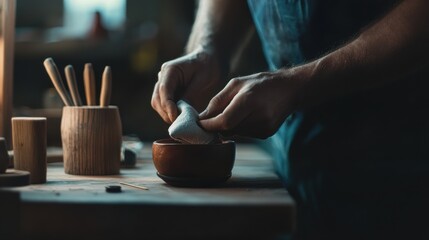 Cobbler meticulously polishing a handcrafted leather shoe. Featuring dedication and detail