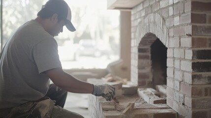 Fototapeta premium Hispanic mason building a brick fireplace in a living room. Featuring masonry and interior construction