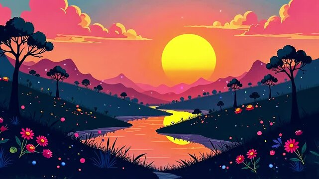 Orange sunset over flower field, bright sun reflecting in river surface, cartoon vector style, beauty of wild nature