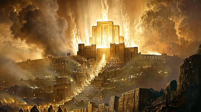 Lot and his wife flee Sodom, on which fire falls from the sky, Lot's wife looks back at the city and turns into a pillar of salt