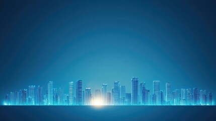 Obraz premium Illuminated City skyline silhouette with glowing lights against a deep blue evening sky.