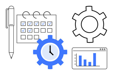 Obraz premium Calendar with checkmarks, pen, clock gear, analytics chart, and cogwheel. Ideal for productivity, schedule planning, task tracking, project management workflow optimization team collaboration