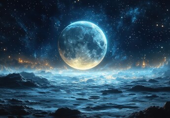 Cosmic Scene with Moon Planet and Starry Background