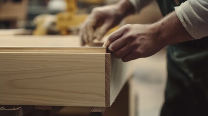 Carpenter building a wooden cabinet in a workshop. Featuring skill and craftsmanship