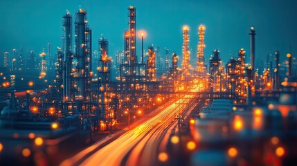 Fototapeta premium Future plant and energy industry concept in creative graphic design. Oil, gas and petrochemical plant with double exposure