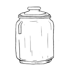 Glass jar with lid Black and white vector illustration. Image of a transparent bottle with a stopper,, on a white background. Hand-drawn ink drawing of an empty container.