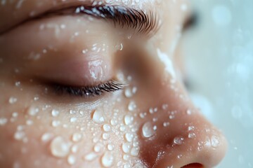 Fototapeta premium Pure Refreshment: Detailed Image of a Washed Face with Water, Emphasizing Cleanliness and Healthy Skin with Copy Space