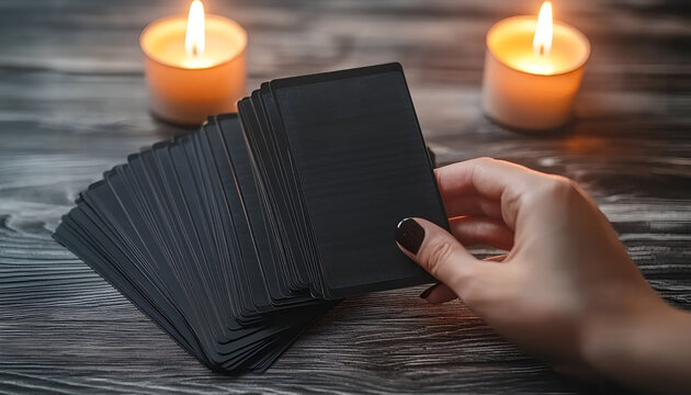 Tarot reader or Fortune teller of hands holding up black deck tarot cards. Tarot cards are spread on a table near burning candles. Forecasting concept