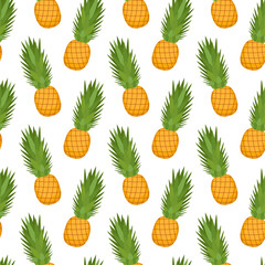 Seamless pattern with fruits for fabric and textile. Yellow stylized pineapple with green long leaves on a white background. Vector illustration. Print for packaging and wrapping paper. Ornament.