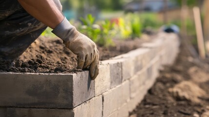 Hispanic mason building a retaining wall in a garden. Featuring masonry and garden landscaping