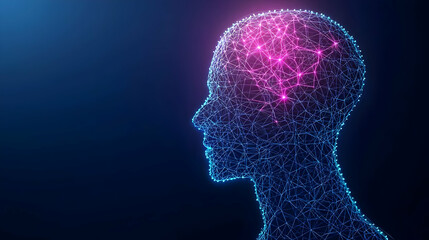 Obraz premium Abstract Ai Head with Glowing Pink Brain on Blue Background Represents Future Technology Innovation and Neural Networking