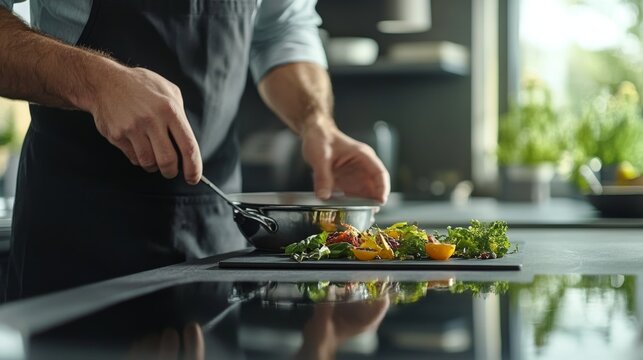 Flooring installer arranging tiles for a kitchen backsplash. Featuring attention to detail