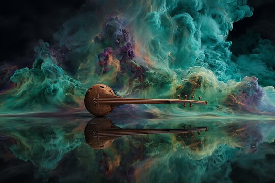 A traditional string instrument rests upon a reflective surface, surrounded by swirling clouds of color.