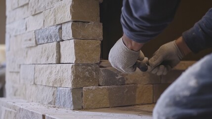 Hispanic mason building a stone fireplace in a living room. Featuring masonry and interior design