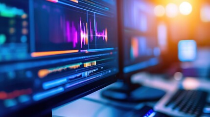 Modern digital workspace showcasing audio editing software with vibrant waveforms on screens