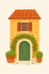Charming watercolor illustration of a cozy Mediterranean house with a tiled roof, green door, climbing plants, and flower pots. Perfect for home decor, stationery, and travel-inspired designs.